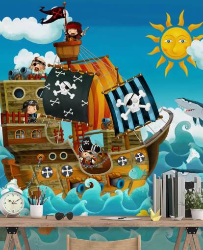 blaue benutzerdefinierte Piratentapete namens Piraten für das Kinderzimmer