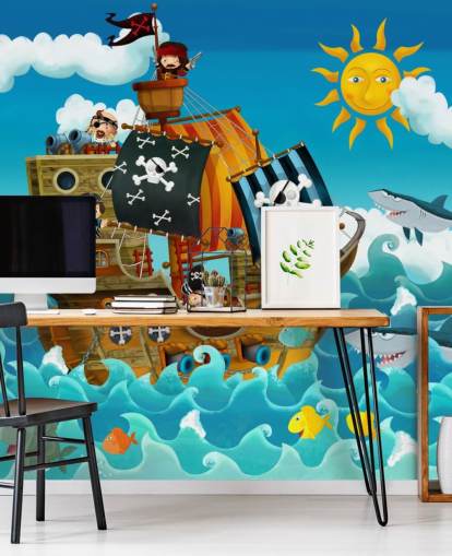 blue custom pirates wallpaper mural called Pirates for child's bedroom