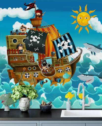 blauwe op maat gemaakte piraten behangmuurschildering genaamd Pirates voor de kinderkamer