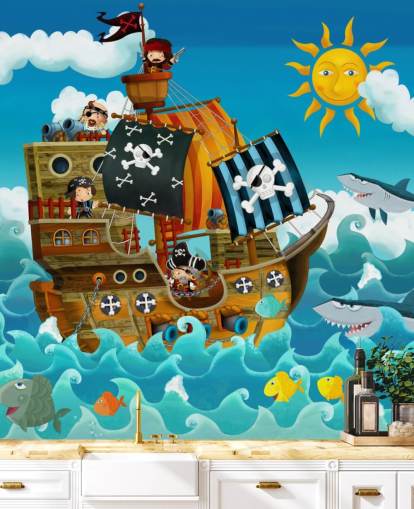 mural de papel pintado azul personalizado de piratas llamado Piratas para dormitorio infantil