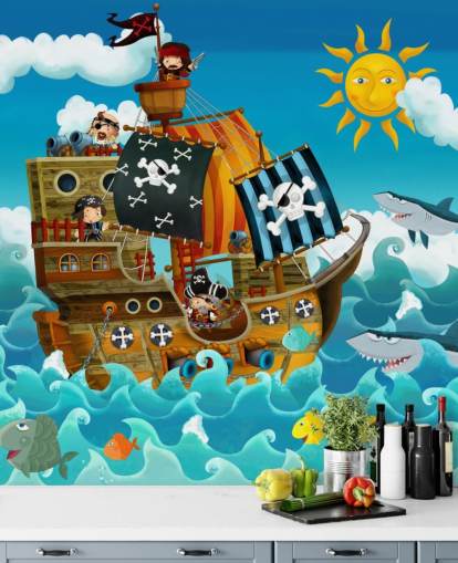 blauwe op maat gemaakte piraten behangmuurschildering genaamd Pirates voor de kinderkamer blauwe op maat gemaakte piraten behangmuurschildering genaamd Pirates voor de kinderkamer