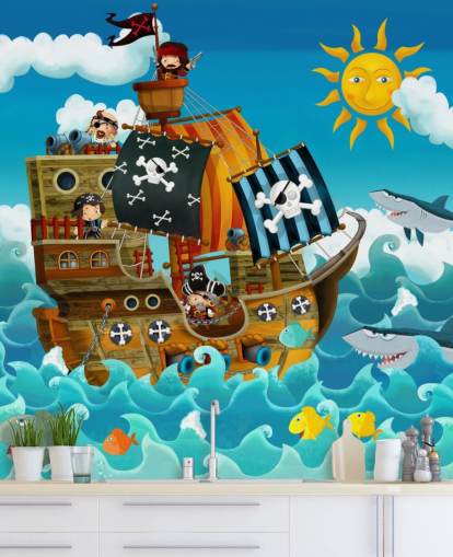 mural de papel pintado azul personalizado de piratas llamado Piratas para dormitorio infantil