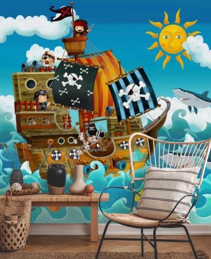 blue custom pirates wallpaper mural called Pirates for child's bedroom blue custom pirates wallpaper mural called Pirates for child's bedroom