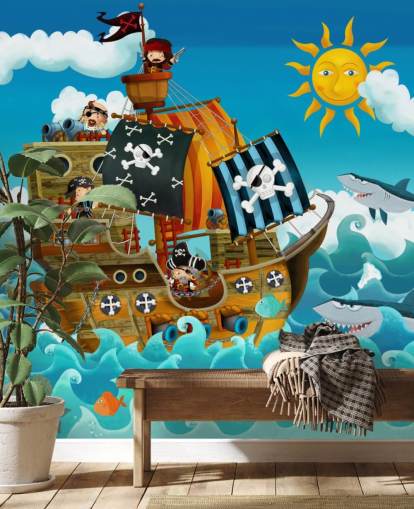 carta da parati murale blu personalizzata con pirati chiamata Pirati per la camera da letto del bambino