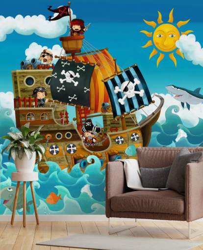 blue custom pirates wallpaper mural called Pirates for child's bedroom