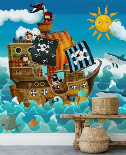 mural de papel pintado azul personalizado de piratas llamado Piratas para dormitorio infantil
