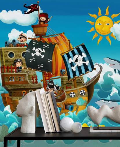 mural de papel pintado azul personalizado de piratas llamado Piratas para dormitorio infantil