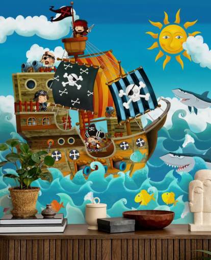 papier peint mural de pirates personnalisé bleu appelé Pirates pour chambre d'enfant