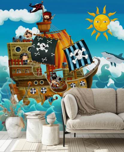 blauwe op maat gemaakte piraten behangmuurschildering genaamd Pirates voor de kinderkamer blauwe op maat gemaakte piraten behangmuurschildering genaamd Pirates voor de kinderkamer