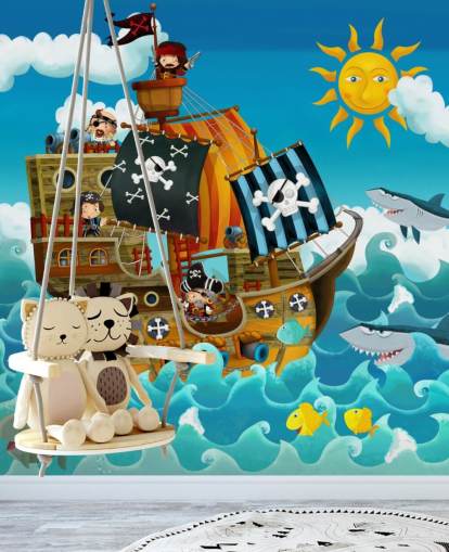 blå anpassade pirater tapetväggmålning som heter Pirates för barnets sovrum
