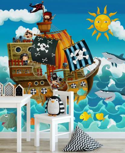 papier peint mural de pirates personnalisé bleu appelé Pirates pour chambre d'enfant