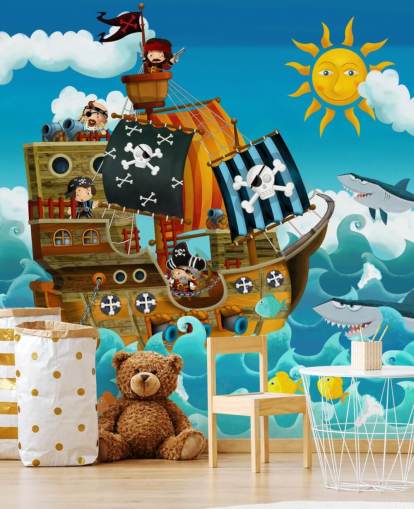 blue custom pirates wallpaper mural called Pirates for child's bedroom