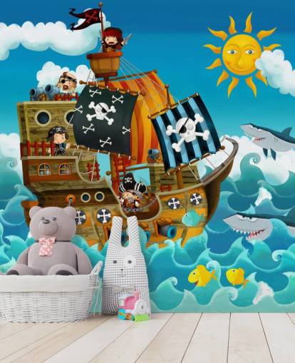 blauwe op maat gemaakte piraten behangmuurschildering genaamd Pirates voor de kinderkamer blauwe op maat gemaakte piraten behangmuurschildering genaamd Pirates voor de kinderkamer
