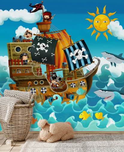 mural de papel pintado azul personalizado de piratas llamado Piratas para dormitorio infantil