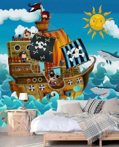 blue custom pirates wallpaper mural called Pirates for child's bedroom
