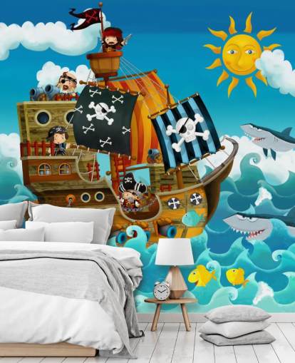 blue custom pirates wallpaper mural called Pirates for child's bedroom blue custom pirates wallpaper mural called Pirates for child's bedroom
