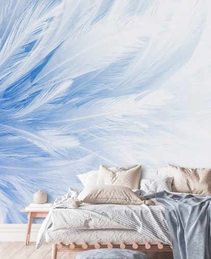 Peinture murale à imprimé de plumes bleu clair