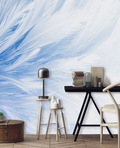 Decorazione murale con stampa di piume blu chiaro