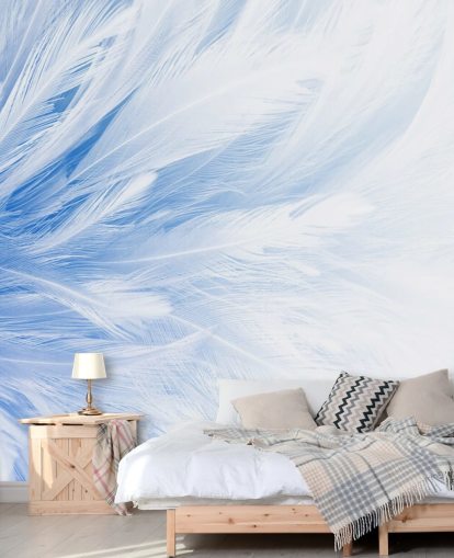 Decorazione murale con stampa di piume blu chiaro