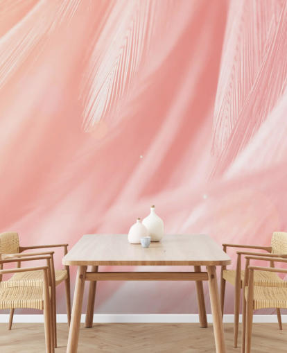 Pastelroze muurschildering met veren