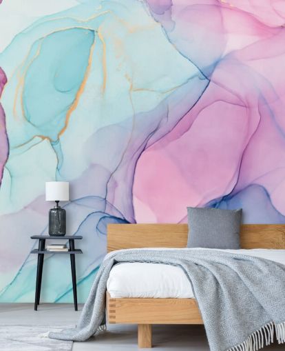 Pastelroze en blauw aquarelbehang