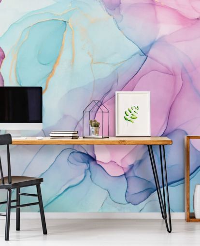 Pastelroze en blauw aquarelbehang