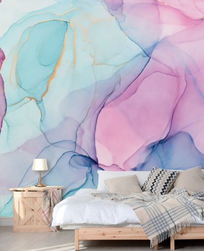 Pastelroze en blauw aquarelbehang