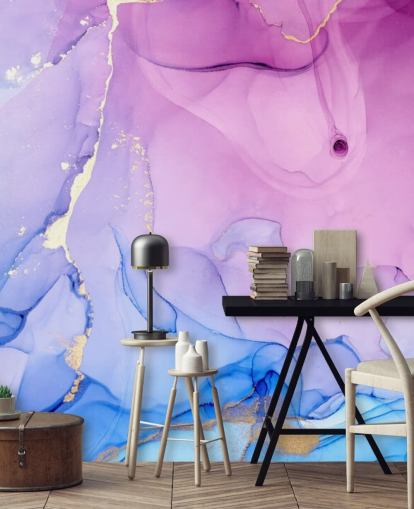 Papier peint aquarelle tourbillons violets et bleus