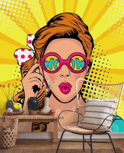 carta da parati retrò ragazza che indossa occhiali da sole wow