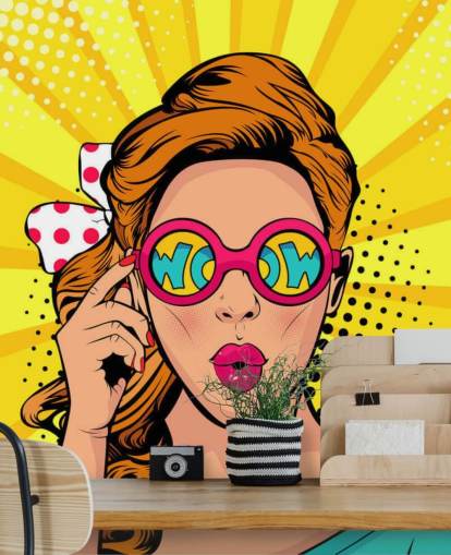 papier peint rétro fille portant des lunettes de soleil wow