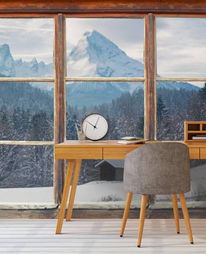 Sfondo con vista sulla finestra della montagna innevata