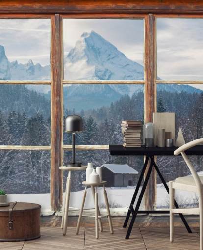 Sfondo con vista sulla finestra della montagna innevata