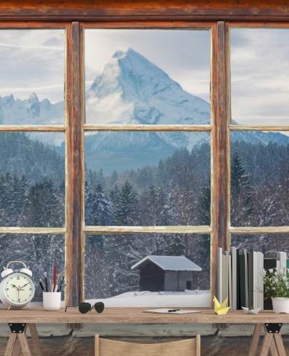 Papel de parede Snowy Mountain Window View Papel de parede Snowy Mountain Window View