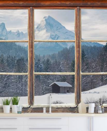 Snowy Mountain Window View Baggrund