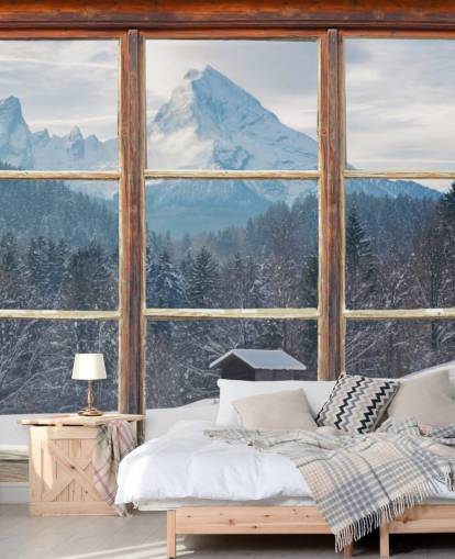 Snowy Mountain Window View Baggrund