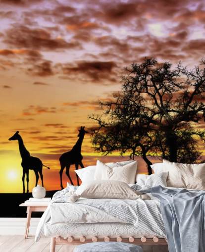 silhuetas de girafas e elefantes contra o papel de parede do céu ao pôr do sol silhuetas de girafas e elefantes contra o papel de parede do céu ao pôr do sol