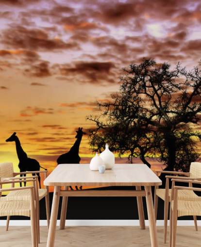 giraffes and elephants silhouettes against sunset sky wallpaper