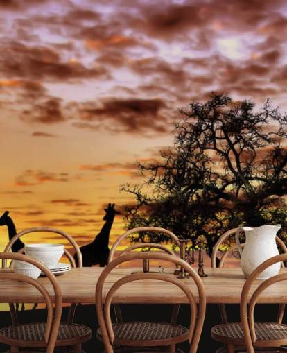giraffes and elephants silhouettes against sunset sky wallpaper