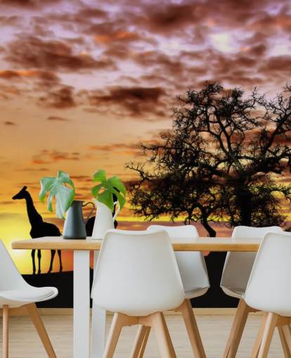 giraffes and elephants silhouettes against sunset sky wallpaper