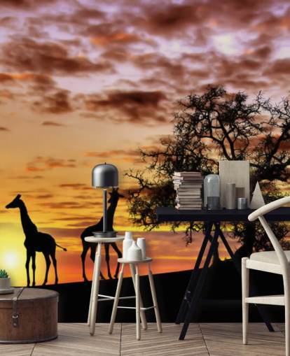 giraffes and elephants silhouettes against sunset sky wallpaper