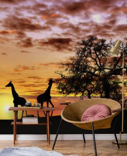 giraffes and elephants silhouettes against sunset sky wallpaper
