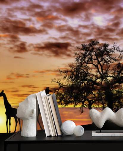 giraffes and elephants silhouettes against sunset sky wallpaper