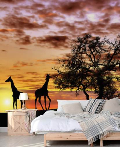 giraffes and elephants silhouettes against sunset sky wallpaper