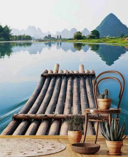 Decorazione murale con zattera di bambù sul lago