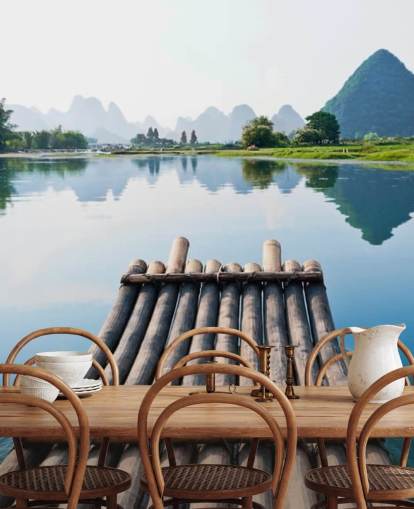 Bamboo Raft on Still Lake Wall Mural
