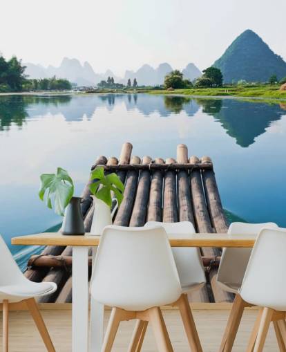 Bamboo Raft on Still Lake Wall Mural