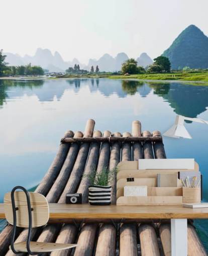 Bamboo Raft on Still Lake Wall Mural
