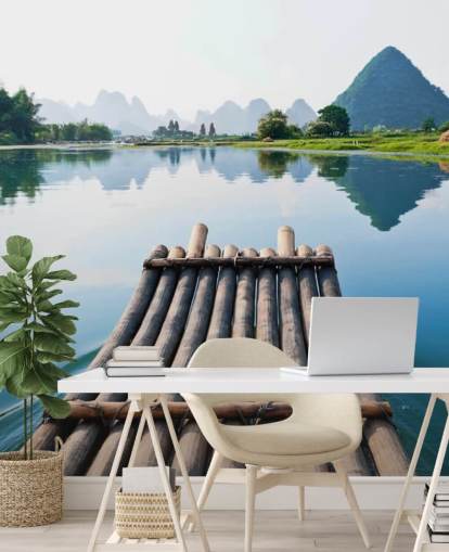 Bamboo Raft on Still Lake Wall Mural