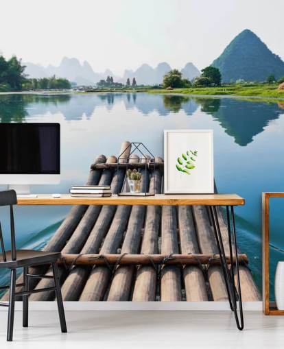 Bamboo Raft on Still Lake Wall Mural