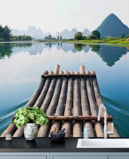 Bamboo Raft on Still Lake Wall Mural